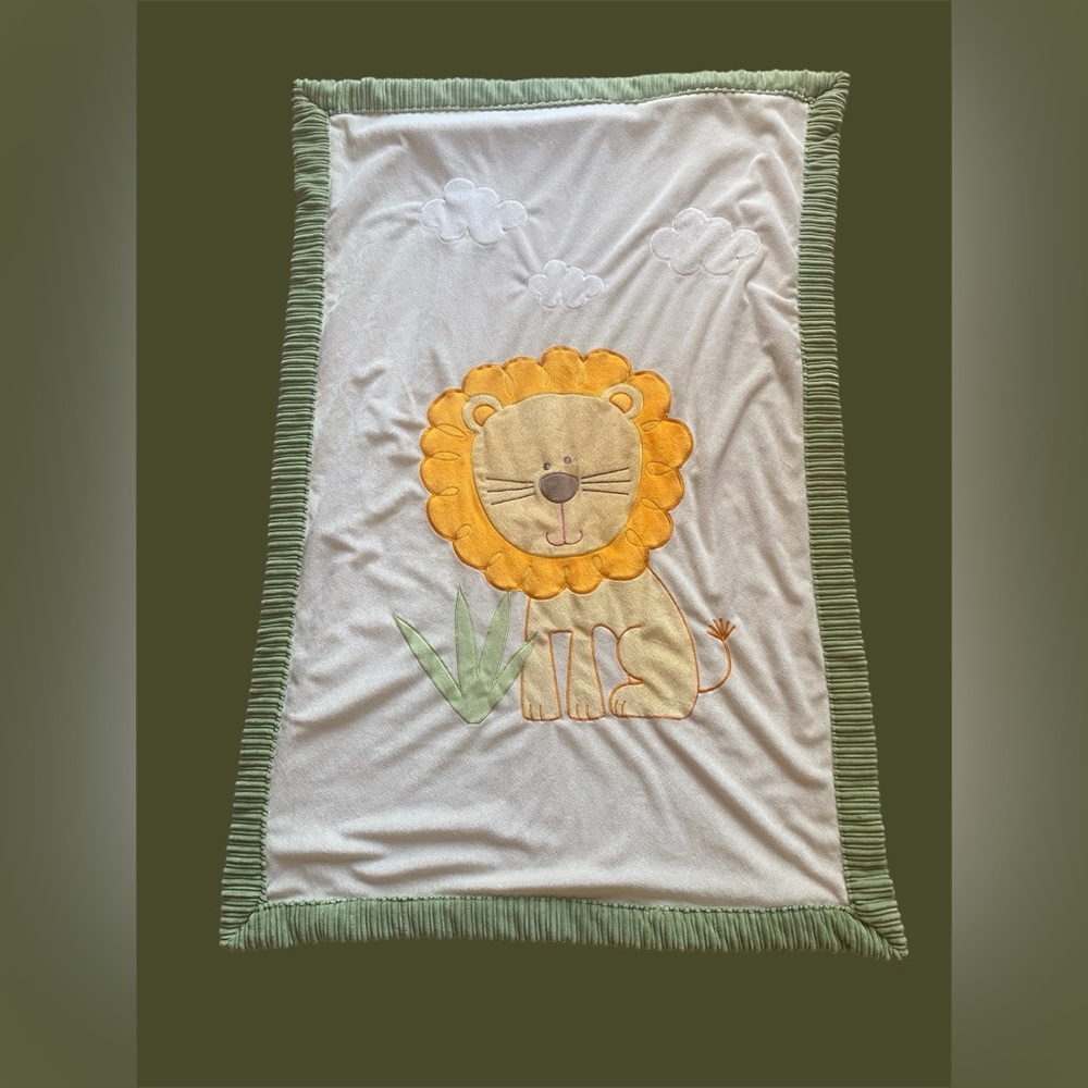 Little Miracle‎ Lion Baby Blanket Unisex Plush Sherpa Green Ribbed Trim 30x44